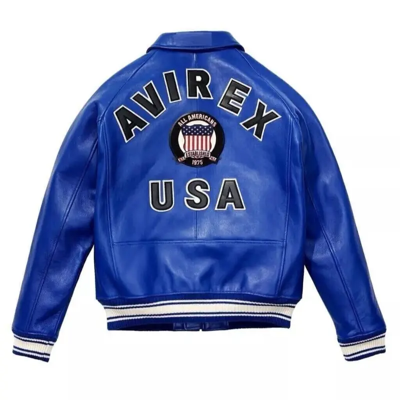 Men's Avirex Blue Real Bomber American Flight Jacket Leather Jacket 0