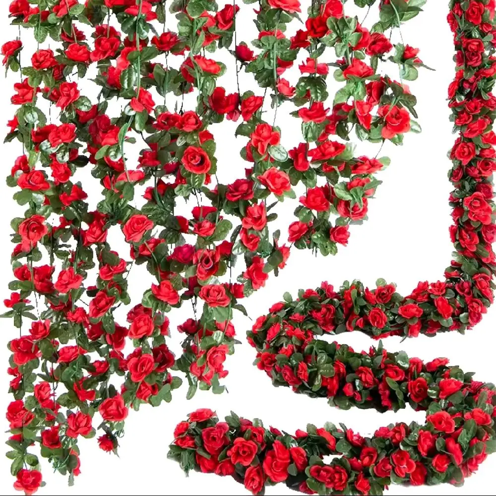 2.5m Artificial Mini Rose Garland with Vines - Red or White for Weddings, Home Decor, and Parties - Floral, Table, Decorative
