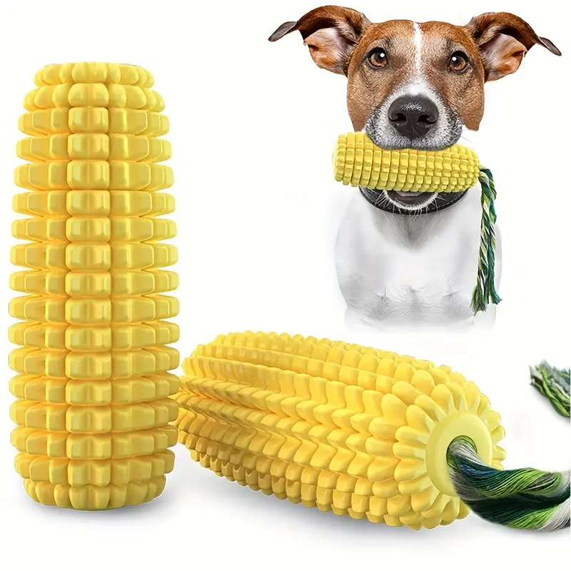 Interactive Corn-Shaped Dog Chew Toy with Squeaker - Durable Rubber Dental Care Stick for All Breeds 0