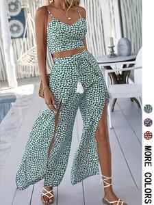 Two-piece Set Women's Ditsy Floral Print Crop Cami Top & Split Thigh Pants, Boho Sleeveless Top & Trousers for Beach Holiday Vacation, Ladies Summer Clothes