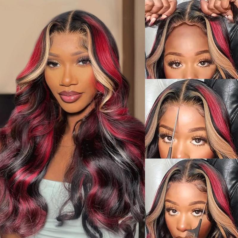 Highlight 5x5 Glueless Wigs Human Hair Pre Plucked Pre Cut Black Hair With Red blonde highlight Body Wave Wigs Human Hair 200% 3