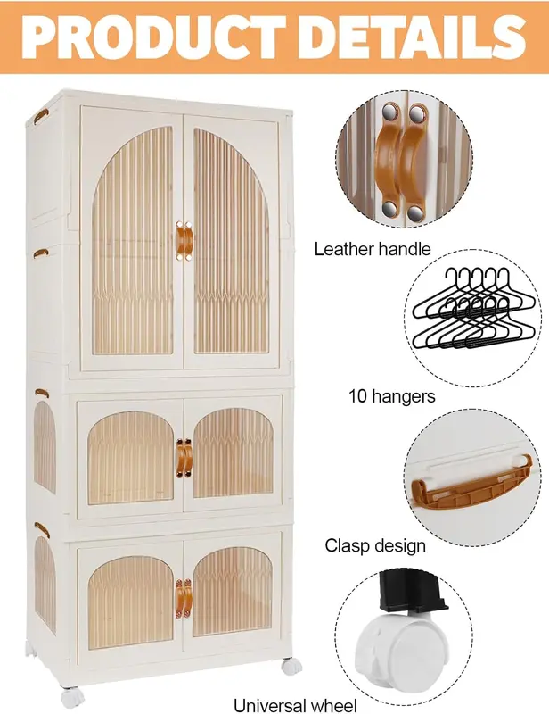 Kalolary Portable Kids Closet, Children's Wardrobe Collapsible Plastic Wardrobe Storage Box with 10 Hangers Storage Containers for Bedroom with Wheels, Suitable for Storing Children's Clothing 2