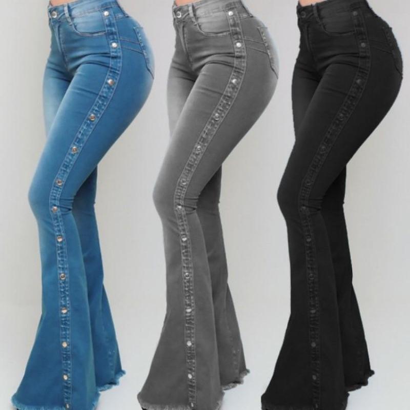 Jeans High Waist Strecth Denim Flare Pants Women Vintage Trousers Buttons Denims Streetwear  Autumn Female Floor Length 7