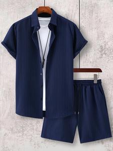 Men's Regular Fit Striped Print Short Sleeve Shirt & Pocket Shorts Two-piece Set without Tee & Necklace, National Day Clothing, Casual Summer Outfits Set for Men, Mens Clothing