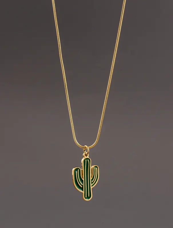 One Stainless Steel 18K Gold Plated Fashionable Cactus Pendant Necklace In Green, Suitable For Men And Women Vacation Accessories 0