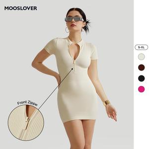 Mooslover UK Women's New Short Sleeve Ribbed One-piece Dress Sexy Ribbed Seamless Zip Front Short Sleeve Top Mini Skirt Casual Comfy Fabric Breathable Slim Soft