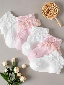 Girl's Solid Color Bow Decor Lace Ruffle Trim Ankle Socks, Cute Comfy Breathable Socks for Daily Wear, Kid's Socks for All Seasons, Casual Soft Socks