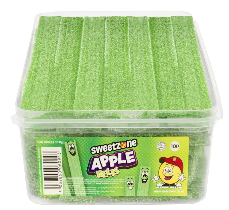 NEW Sweetzone Fizzy Belts – 1.1kg Tub 100 Belts Per Box | Choose from Watermelon, Apple, Rainbow, Strawberry, Raspberry OR Cola 1