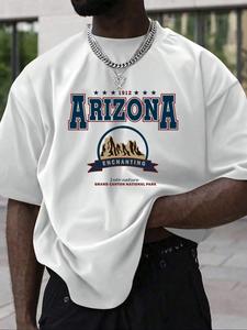 Men's Letter & Figure Print Curved Hem Tee, Loose Casual Soft Comfy Short Sleeve T-shirt for Summer, Men's Top for Daily Wear, Crewneck