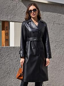 Women's PU Leather Double Button Belted Overcoat, Casual Long Sleeve Lapel Neck Pocket Coat for Fall & Winter, Women's Clothing for Daily Wear