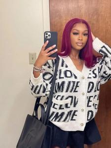 Women's Letter Embroidery Button Front Cardigan, Casual Long Sleeve Drop Shoulder Knitwear for Fall & Winter, Women's Knit Clothing for Daily Wear