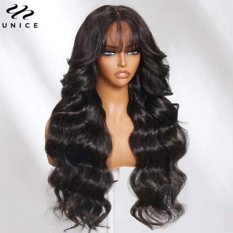 Unice Hair Pre Cut Pre Bleached 7x5 Loose Wave Wig With Bangs Wear Go Glueless Wig Pre Plucked Lace Front Human Hair Wig 3