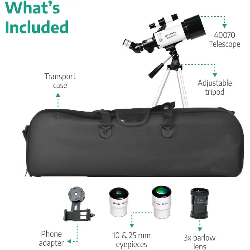 Slokey Telescope 40070 - Astronomy Scope with 16x-120x Magnification for Kids and Adults - Includes 2 Eyepieces, 3x Barlow Lens, Tripod, Phone Adapter - View the Moon, Planets, Stars - 21x13x49 cm inverter power  saver  device elko portable station 3