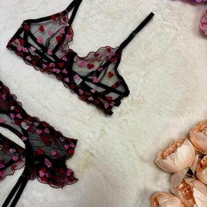 Liliosa Lingerie SECRET ADMIRER Heart Embroidery  Sheer Black 3 Piece Lingerie Set,  (Clasp  Bra + Adjustable Garter + Adjustable Panties + Thigh Straps) Elegance Comfortable Womenswear Under Sexy Festival Lingerie Everyday Basic Lingerie Set Pink