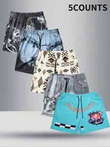 Men's All Over Print Drawstring Waist Shorts, Regular Fit Casual Pocket Shorts for Summer, Men's Bottoms for Vacation Holiday Beach