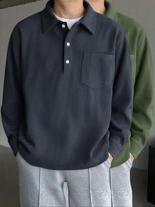 Men's Solid Color Button Front Corduroy Polo Shirt, Loose Casual Comfy Long Sleeve Chest Pocket Design Half Placket Polo Shirt for Spring & Fall, Fashion Men's Clothes for Daily Wear