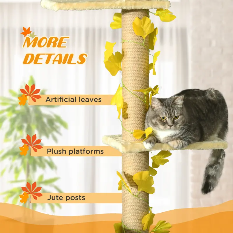 PawHut 202-242cm Height Adjustable Floor to Ceiling Cat Tree for Cats with Sisal Scratching Post, 3- Tier Cat Tower 5