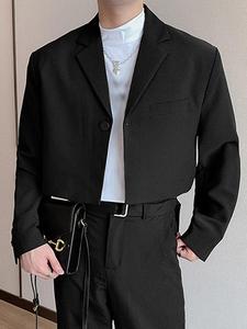 Men's Plain Long Sleeve Blazer, Casual Button Jacket Crop Top Outerwear for Spring & Fall, Men Designer Clothes, Streetwear Designer Jacket Coat for Daily Wear, Outdoor Blazer