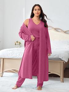 Plus Size Solid V Neck Tank Top & Elastic Waist Pants & Open Front Lounge Robe Set, Casual Comfy Sleepwear Set, Women's Sleepwear for All Seasons