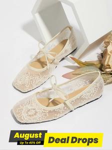 Women's Embroidery Lace Mesh Ballet Flats, Elegant Square Toe Casual Flats Shoes for Party, Daily Clothing Decor, Lightweight Breathable Comfortable Shoes for Women & Girls, Wedding Shoes