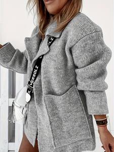 Women's Solid Dual Pocket Drop Shoulder Cardigan, Fashion Casual Long Sleeve Lapel Outerwear For Fall & Winter, Women's Clothing For Daily Wear