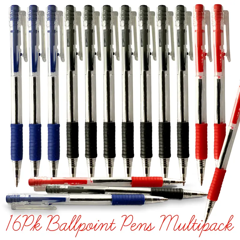 16-64 Blue Red Black Retractable Ballpoint Pens Biros 1.0mm Ink Smooth Grip Tip 3