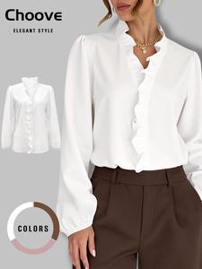 Women's Plain Ruffle Trim V Neck Long Sleeve Blouse, Elegant Solid Color Bishop Sleeve Top for Spring & Fall, Women's Clothes, Womenswear