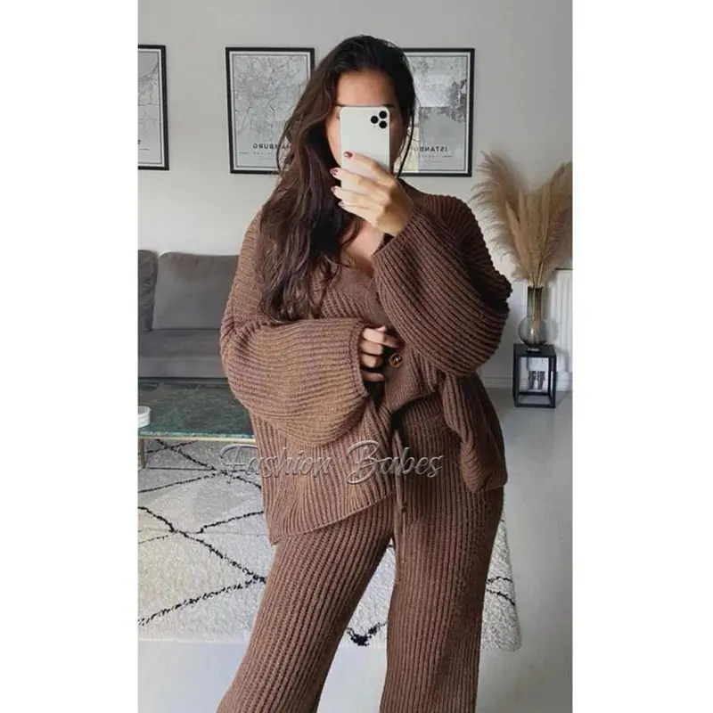 Two Pcs Cardigan & Trouser Set Plain Casual Warm V-Neck Button Winter Cardi Bottom Knitwear Co-Ord Sets Casual Lounge Wear Black 6