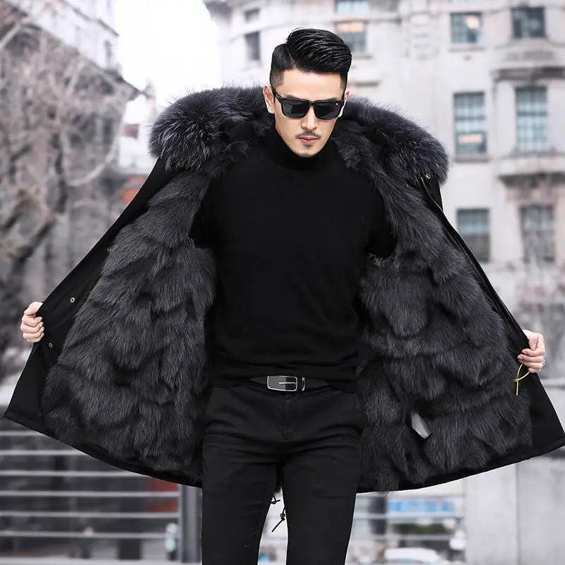 HANZANGL Men's Fur Coat 2022 Winter High Quality Fashion With Fur Hooded Lined Thick Warm Parkas Outerwear Mid-length With Long Menswear Jackets Clothing Casual Fabric Sleeve Zipper Collar Layer Relaxed Fit Stylish Tops 7