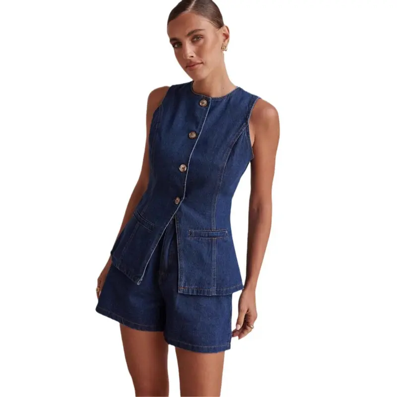 2025 spring and summer new fashion sleeveless waist high waist loose denim shorts and vest set 4