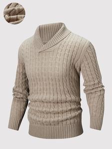 Men's Solid Cable Knit Shawl Collar Sweater, Regular Fit Casual Long Sleeve Jumper for Fall & Winter, Men's Knitwear for Daily Wear