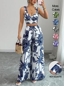 Women's Boho Style Floral Print Sleeveless Top & Belted Straight Leg Pants Set, Summer Casual for Vacation Wear