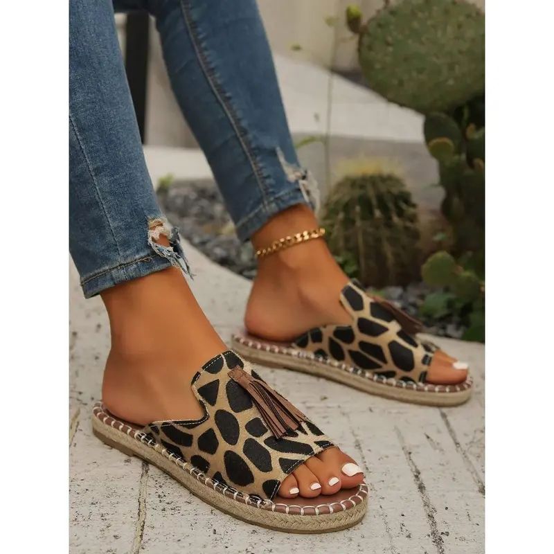 Women Fringe Fabric Summer Sandals Brown Peep-Toe Slippers 3