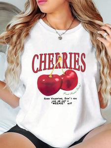 Women's Cherries & Letter Print Round Neck Tee, Casual Short Sleeve Crew Neck T-Shirt for Summer, Fashion Women's Top for Daily Wear