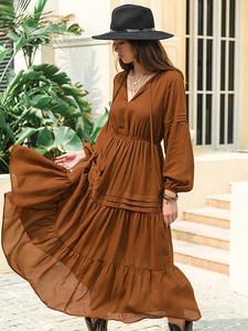 Women's Plain Ruffle Hem Tie Front Lantern Sleeve Dress, Elegant V Neck Long Sleeve A Line Dress for Holiday Vacation Daily Wear, Ladies Clothes for All Seasons