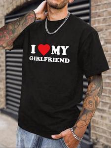Men's Letter & Heart Print Round Neck Tee, Regular Fit Casual "I Love My GF" Print Short Sleeve T-shirt For Summer, Men's Top For Daily Outdoor