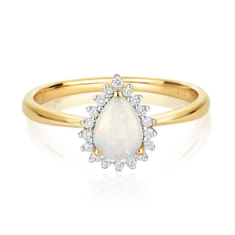 9ct Yellow Gold Natural Opal and Diamond Cluster Ring, Sizes J to Q (291O) 1