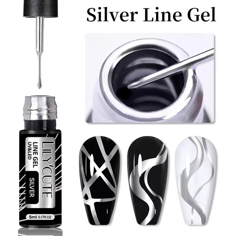 Metallic Nail Liner Gel Polish with Chrome Mirror Effect, Gold, Silver and Rose for UV/LED 7