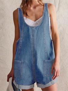 Women's Solid Color Denim Overalls, Casual Comfy Breathable Fabric Fitted Sleeveless Overalls for Daily Wear, Ladies Clothes for Spring & Summer, Womenswear, Dungarees, Basic Denim Rompers, Blue, Casual Comfy Jumpsuit