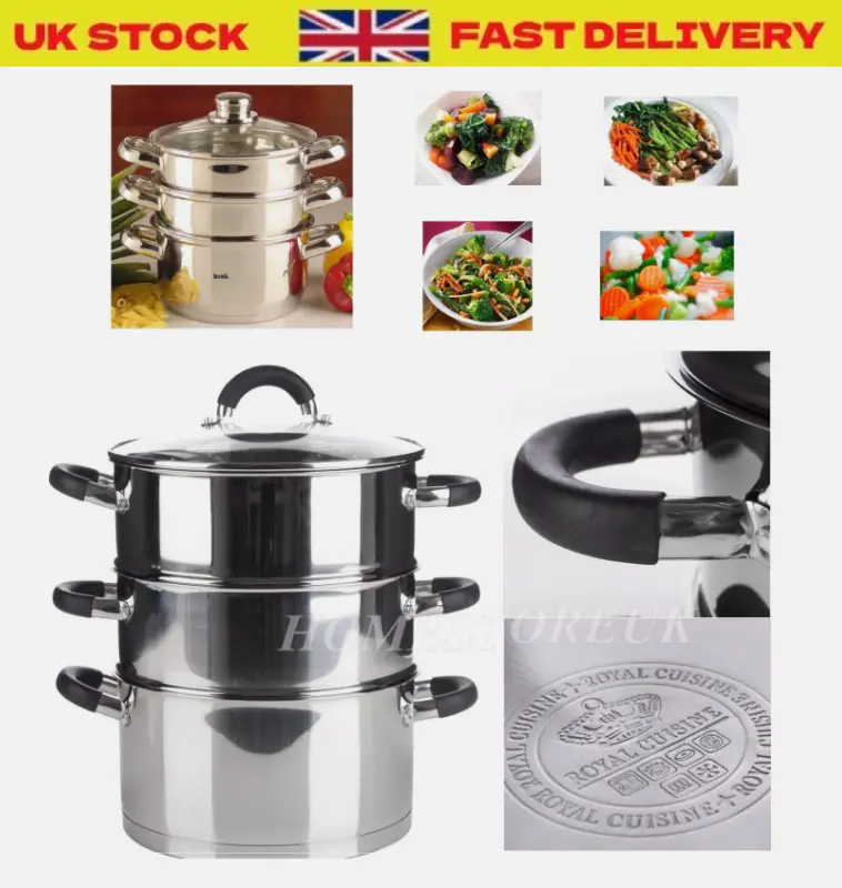 3 THREE TIER STAINLESS STEEL VEGETABLE FOOD STEAMER SET DISH INDUCTION POT Cookware Glass 0