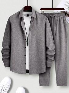 Men's Button Front Drawstring Waist Two-piece Set, Regular Fit Casual Long Sleeve Top & Pocket Trousers Co-ord Set, Going Out Outfit, Drippy Outfit