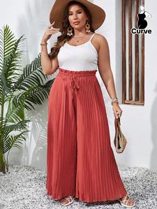 Plus Size Bow Front Paper Bag Waist Wide Leg Pants, Casual High Waist Pleated Pants for Summer, Women's Bottoms for Daily Wear