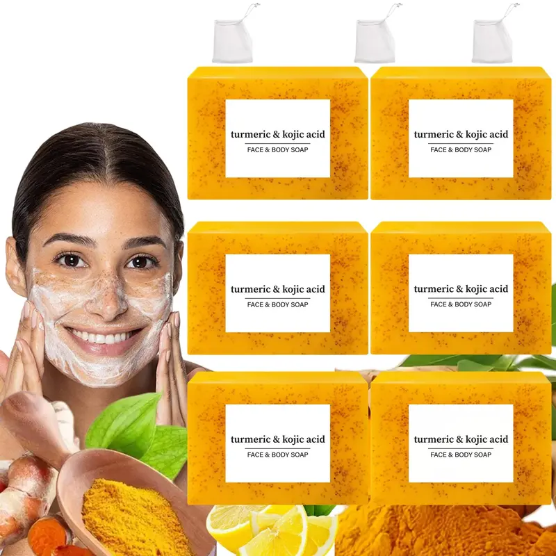 Lemon Turmeric & Kojic Acid Soap Bar, Summer Acne Face & Body Wash for Men & Women, Daily Young Skincare Cleanser Sets with Soap Saver Bags, Skin Clinic Product, Valentine's Day Gift for Men, Kojic Soap Original 0