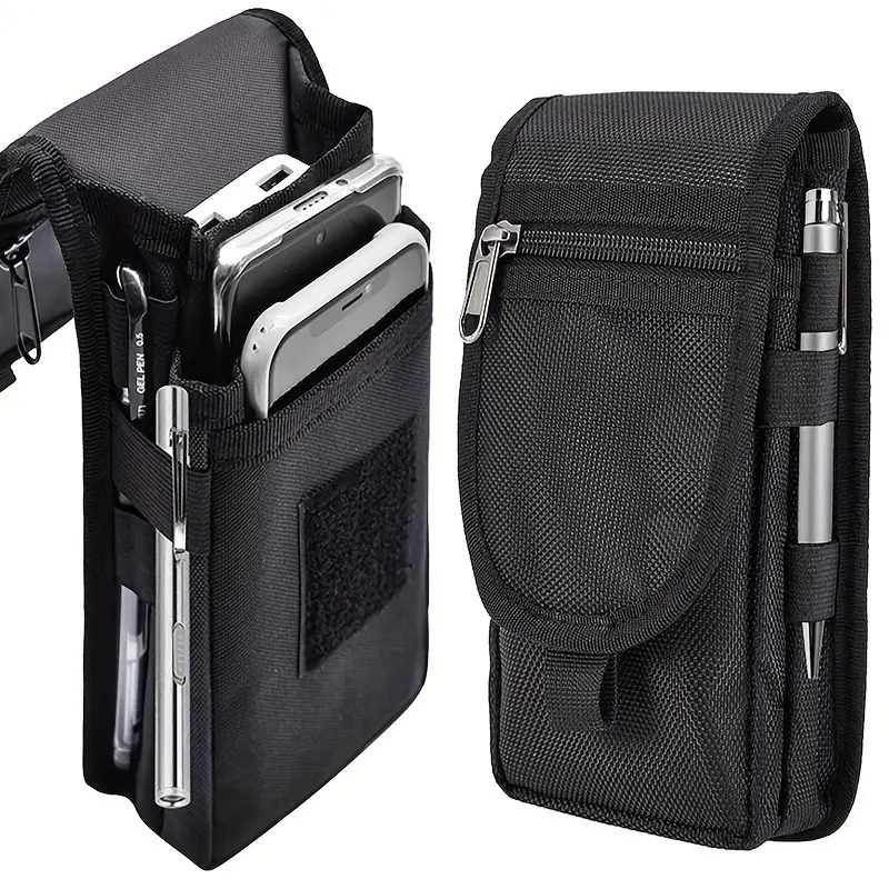 Large Capacity Men's Flip Phone Bag with Multi-Compartment Card Holder, Phone Pouch, Belt Loop, and Pen Insertion Pocket