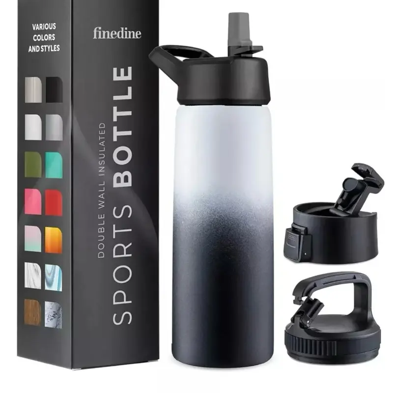 750ml Triple vacuum Insulated sports bottle with straw, hot & cold - BLACK