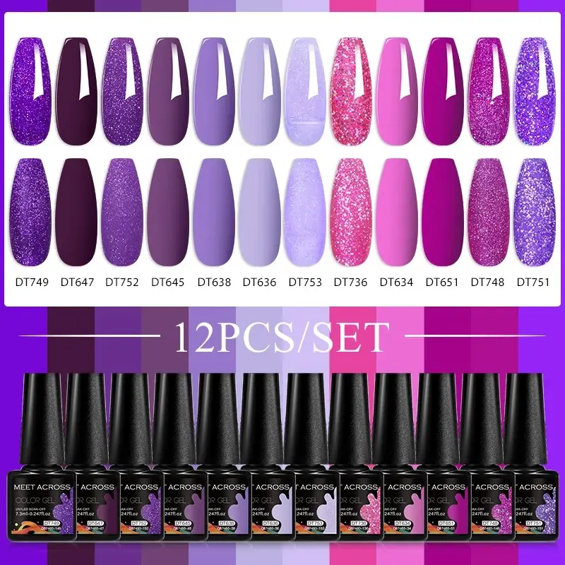 1PCS UV LED Gel Nail Polish Kit – Glitter, Pink & Purple Shades | 7.3ml Semi-Permanent Soak-Off Varnish Cosmetic
