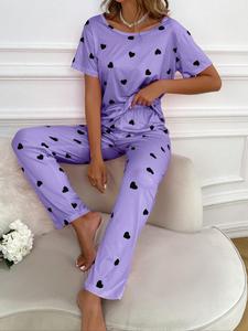 Women's Heart Print Pyjama Set, Casual Comfortable Short Sleeve T-shirt & Elastic Waist Trousers Pj Set, Ladies Sleepwear for All Seasons, Pajama Sets Women
