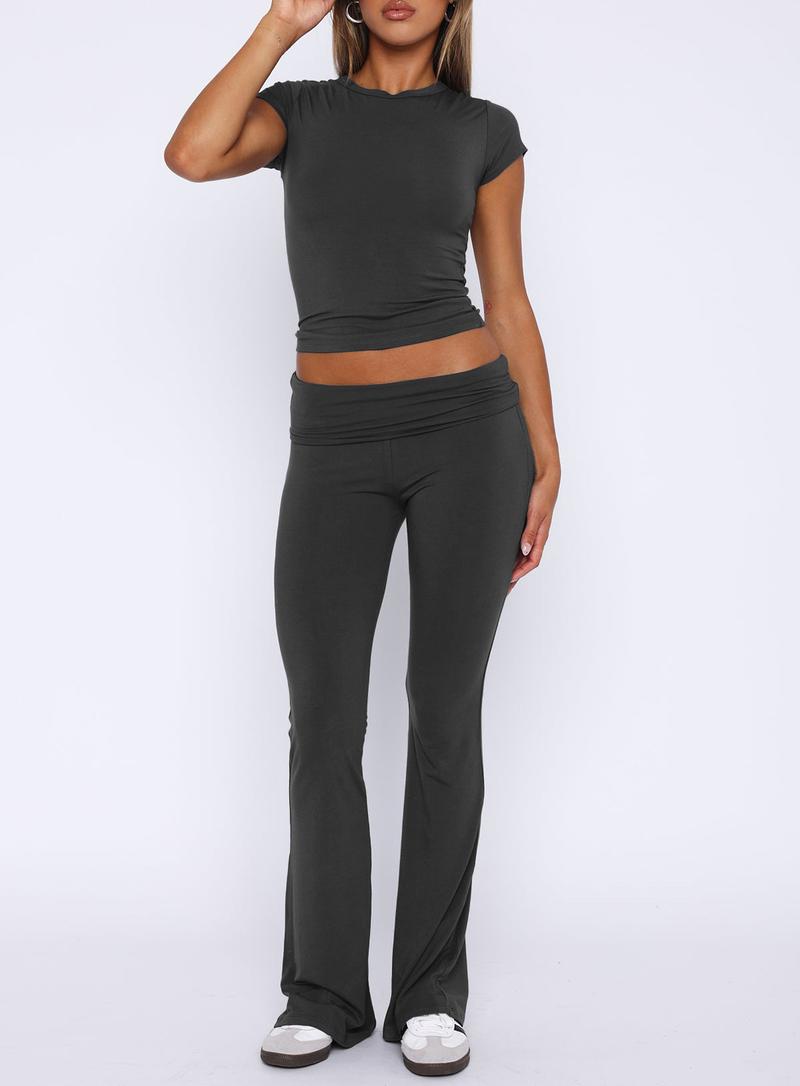 Product Introduction of Women 2 Piece Lounge Sets Matching Sets Short Sleeve Cropped Top Fold Over Flare Pants Yoga Tracksuit 12
