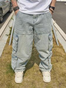 Men's Solid Flap Pocket Cargo Jeans, Loose Casual Street Fashion Denim Trousers for Daily Wear, Mens Bottoms for All Seasons