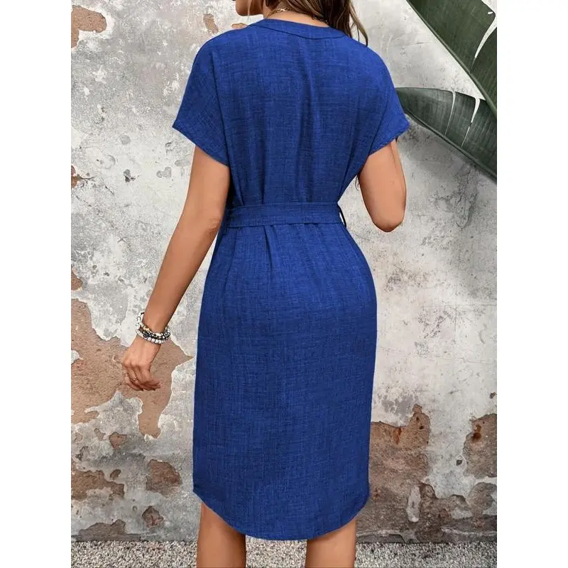 Women's Plain Belted Notched Neck Dress, Casual Short Sleeve Knee Length Dress for Summer, Ladies Clothes for Daily Wear 1